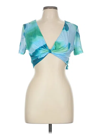 Pre-owned Hello Molly Short Sleeve Top Teal Plunge Neckline Tops In Blue