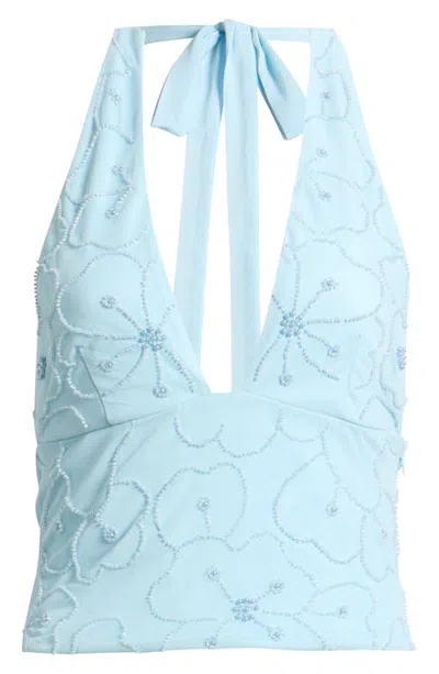 Hello Molly Sparkle Social Club Beaded Halter Top In Blue