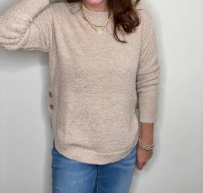 Hello Nite Plush Side Button Crew Top In Taupe In Burgundy