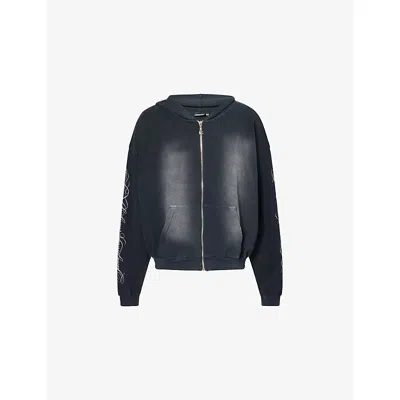 Hellstar Mens Black Graphic-print Studded Cotton Hoodie