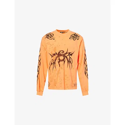 Hellstar Mens  Tribal Graphic-print Cotton T-shirt In Orange