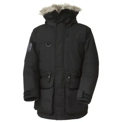 Pre-owned Helly Hansen Mens Arctic Patrol Duck Down Insulted Parka Jacket Coat With Fur In Black