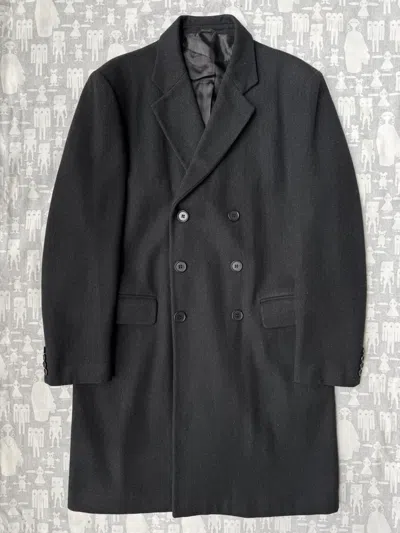 Pre-owned Helmut Lang 2000's Double Breasted Herringbone Wool Overcoat In Black