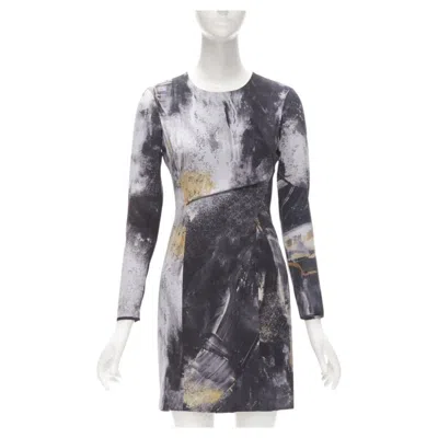 Pre-owned Helmut Lang Abstract Grey Gold Paint Stroke Print Mini Dress S In Gray
