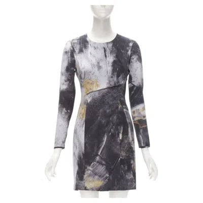Pre-owned Helmut Lang Abstract Grey Gold Paint Stroke Print Mini Dress S In Gray