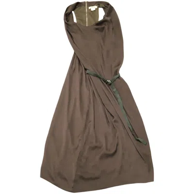 Helmut Lang Asymmetric Belted Crepe Dress In Brown Polyester
