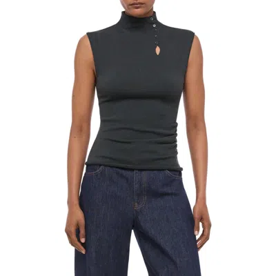 Helmut Lang Asymmetric Button Mock Neck Sleeveless Top In Black