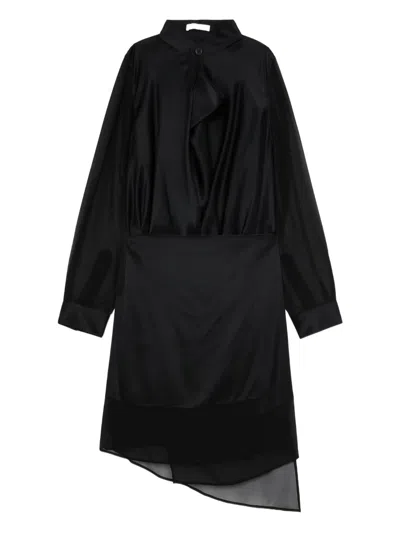 Helmut Lang Asymmetric Chiffon-overlay Silk Dress In Black