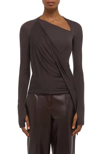 Helmut Lang Asymmetric Faux Wrap Long Sleeve Shirt In Brown