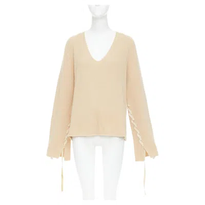 Pre-owned Helmut Lang Beige Wool Cashmere Lace Up Sleeves Relaxed Oversized Sweater M In Brown