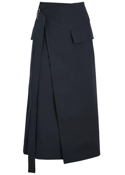 Helmut Lang Belted Cotton-blend Midi Wrap Skirt In Navy