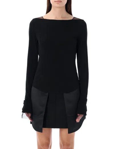 HELMUT LANG BLACK SHEER BACK TOP WITH SPLIT CUFF DETAILS AND BACK ZIP CLOSURE FOR WOMEN