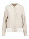 Helmut Lang Bomber Crinkle Long Sleeve Silk Shirt In Beige