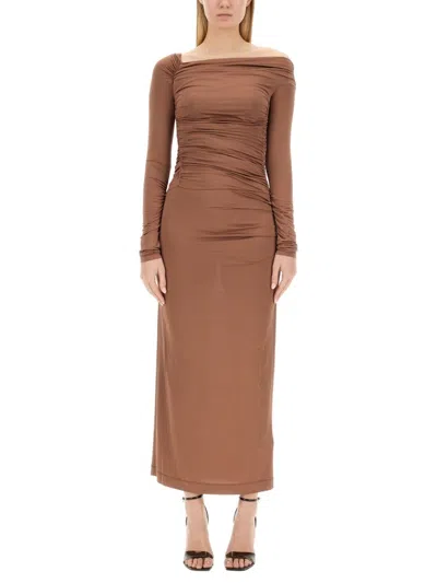 Helmut Lang Brown Off-shoulder Midi Dress