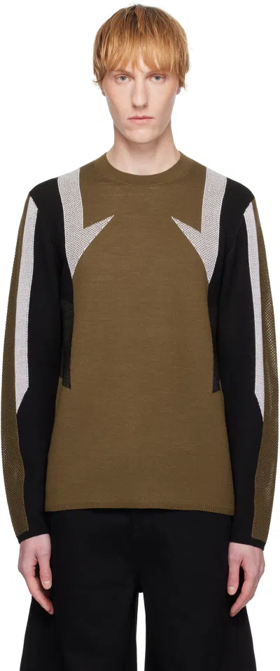 Helmut Lang Sport Mesh Inset Merino Wool Crewneck Sweater In Brown