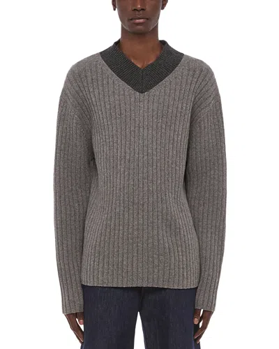 Helmut Lang Contrast V Neck Rustic Wool Sweater In Gray