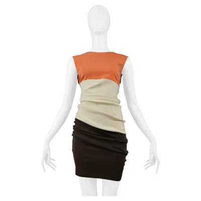 Pre-owned Helmut Lang Coral Ivory & Brown Color Block Knit Dress 1990 In White