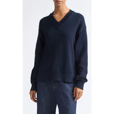 Helmut Lang Cotton V-neck Sweater In Dark Navy