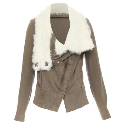 Helmut Lang Cream Lambskin Fur Collar Brown Cotton Blend Flare Jacket M In Gray