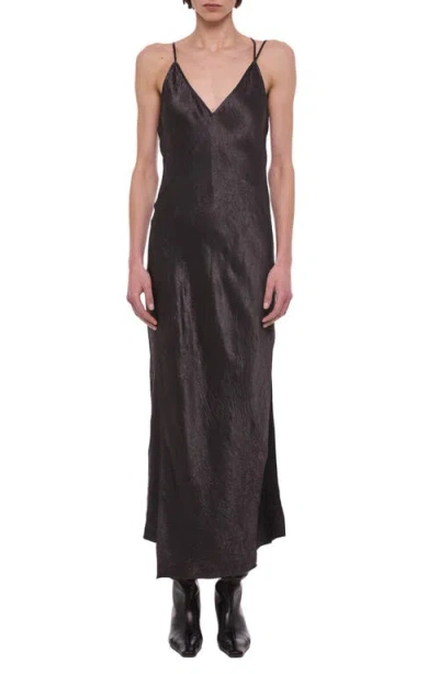 Helmut Lang Crinkle Satin Maxi Slipdress In Brown