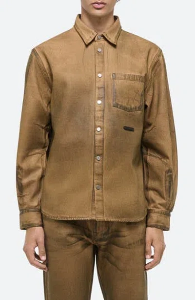 Helmut Lang Curved Organic Cotton Denim Snap-up Shirt In Brown