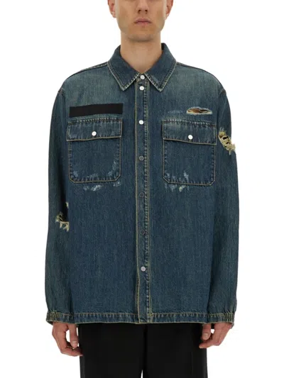 Helmut Lang Distressed Denim Uniform Shirt In Blue
