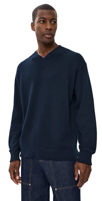 Helmut Lang Distressed V Neck Sweater Dark Navy