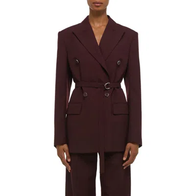 Helmut Lang Double Breasted Belted Virgin Wool Blazer In Burgundy