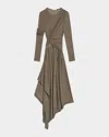 Helmut Lang Protection Draped Asymmetric Long Sleeve Dress In Olv