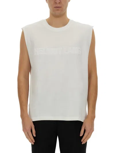 Helmut Lang Raised Logo Sleeveless Crew Neck Top In White