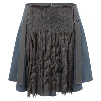 Pre-owned Helmut Lang Fall 03 Navy Cotton & Goat Fur Fringe Mini Skirt With Bondage Straps In Blue
