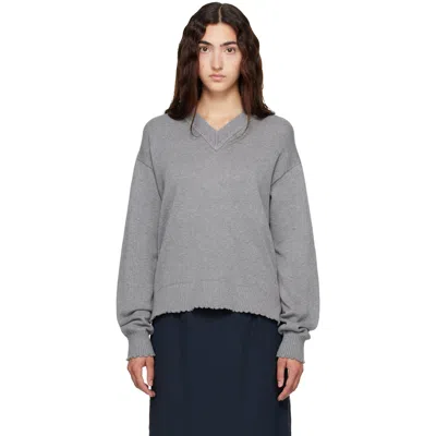 Helmut Lang Gray Ov Dist V Neck Sweater In Grey Melange - Q91