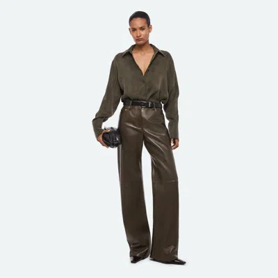 Helmut Lang Leather Relaxed Bootcut Pants In Dark Moss/black