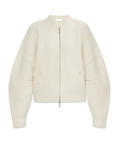 Helmut Lang Apex Wool Blend Rib Knit Bomber Jacket In White