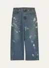 Helmut Lang Men's Adjustable Paint-splatter Jeans In Mid Indigo Painte