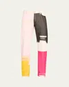 Helmut Lang Colorblock Distressed Silk Chiffon Panel Straight Leg Jeans In Cream Multi