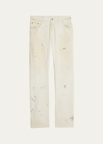 Helmut Lang Men's Low-rise Jeans With Paint Splatter In Ecru Painter