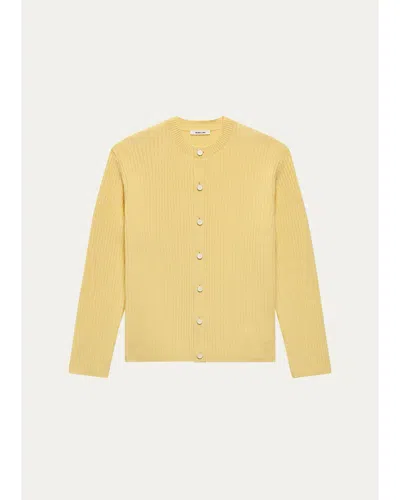 Helmut Lang Ribbed Crewneck Rustic Wool Cardigan In Yellow