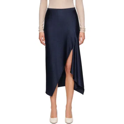 Helmut Lang Navy Silk Slip Midi Skirt In Blue