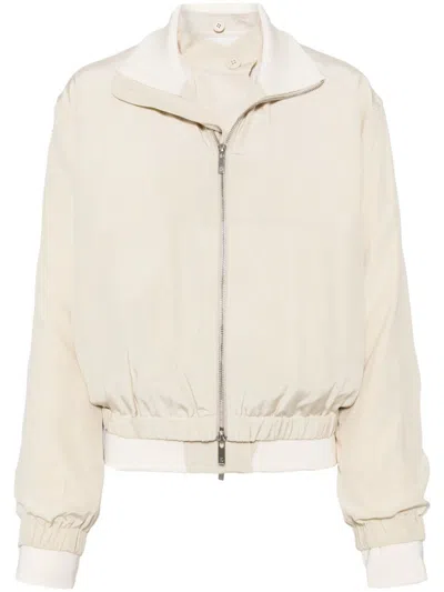 Helmut Lang Convertible Layered Crepe De Chine And Satin-twill Bomber Jacket In Brown