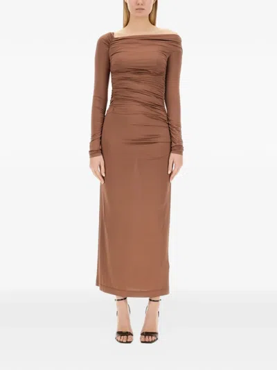 Helmut Lang Off-shoulder Midi Dress In Brown