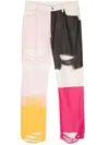 Helmut Lang Colorblock Distressed Silk Chiffon Panel Straight Leg Jeans In Neutrals