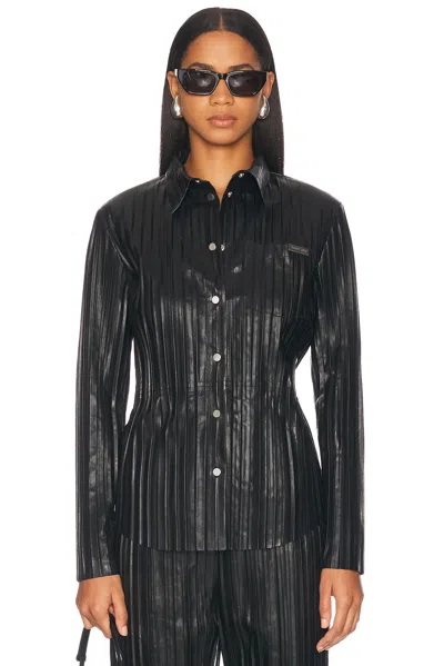 Helmut Lang Pleated Leather Button Up Top In Black