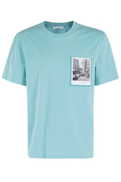 Helmut Lang Postcard Print T-shirt With Ribbed Crew Neckline In Teal