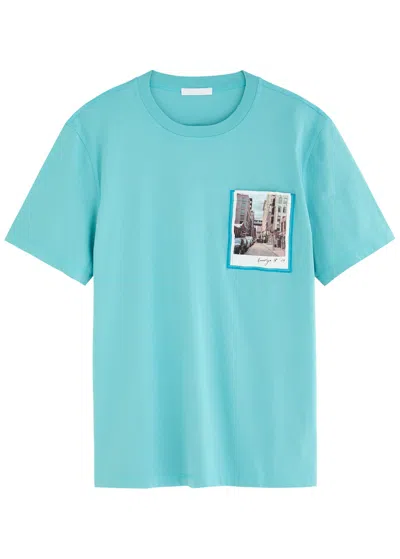 Helmut Lang Postcard Print T-shirt With Ribbed Crew Neckline In Teal