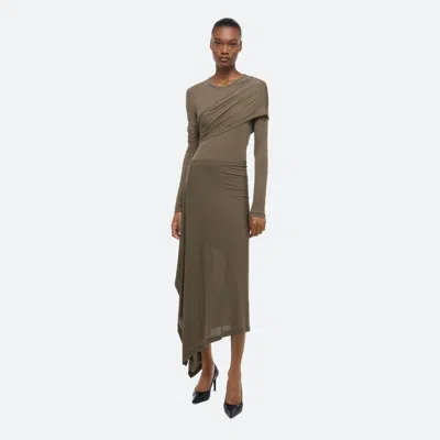 Helmut Lang Protection Draped Asymmetric Long Sleeve Dress In Olive
