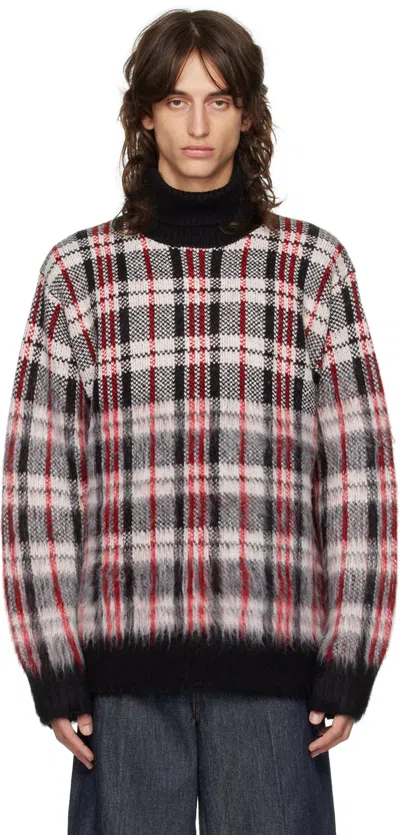 HELMUT LANG RED BRUSHED PLAID TURTLENECK