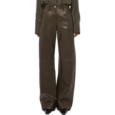 Helmut Lang Relaxed Bootcut Leather Pants In Dark Moss/black