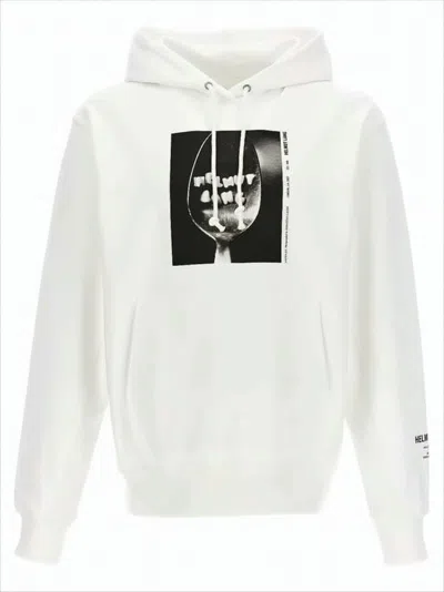 Helmut Lang Relaxed Fit Graphic Print Hoodie With Front Pocket In White