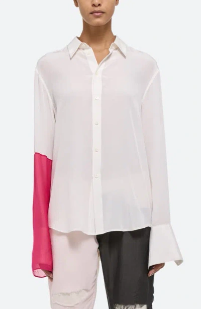 Helmut Lang Relaxed Silk Shirt In White/fuchsia